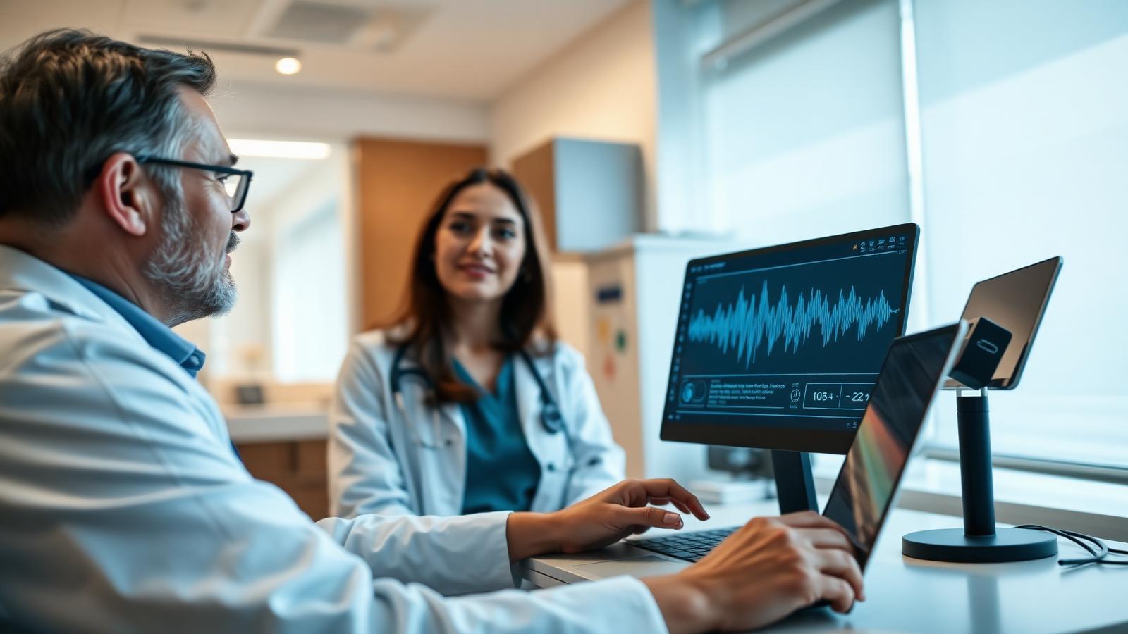 Physician using an AI medical scribe with a patient