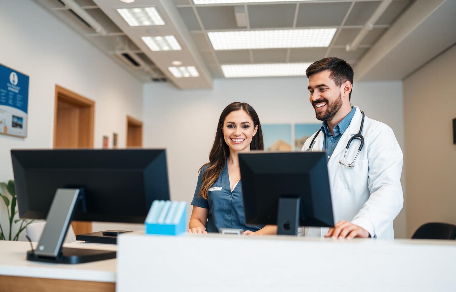 Clinic front desk staff using digital systems