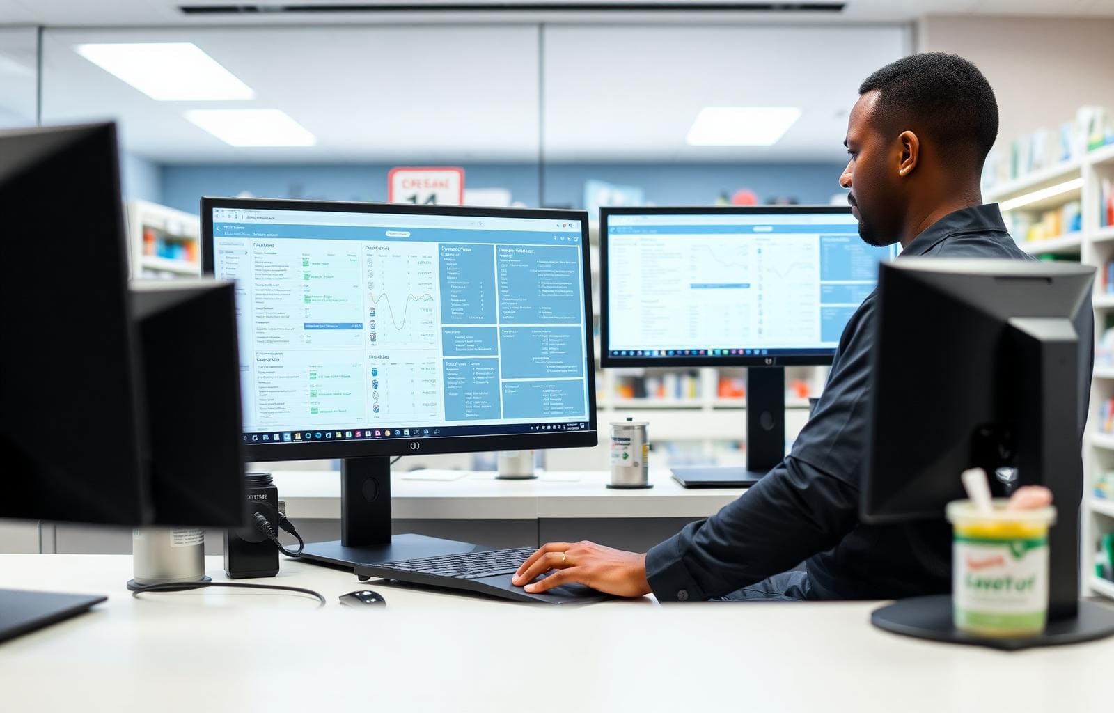 Pharmacist at dispensing workstation