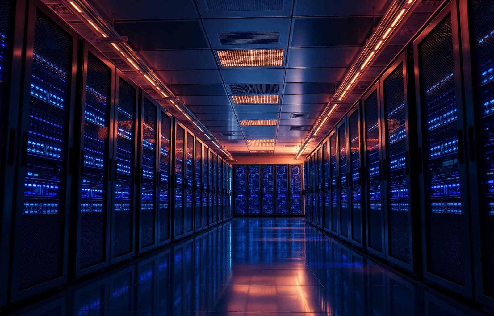 Enterprise server room with rows of racks